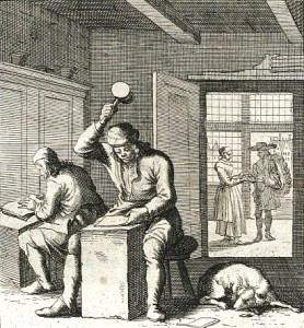 Old Engraving of Goldbeating, the ancient process of hammering gold to thin layers for gold leafing.